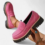 Mocassins femme à semelle épaisse antidérapante, talon épais, rose et noir