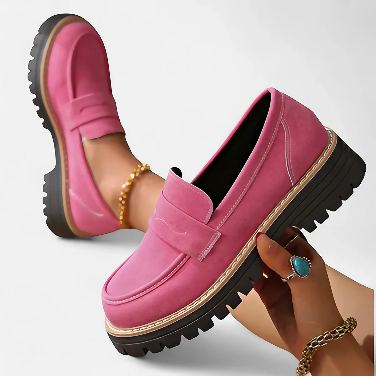 Mocassins femme à semelle épaisse antidérapante, talon épais, rose et noir