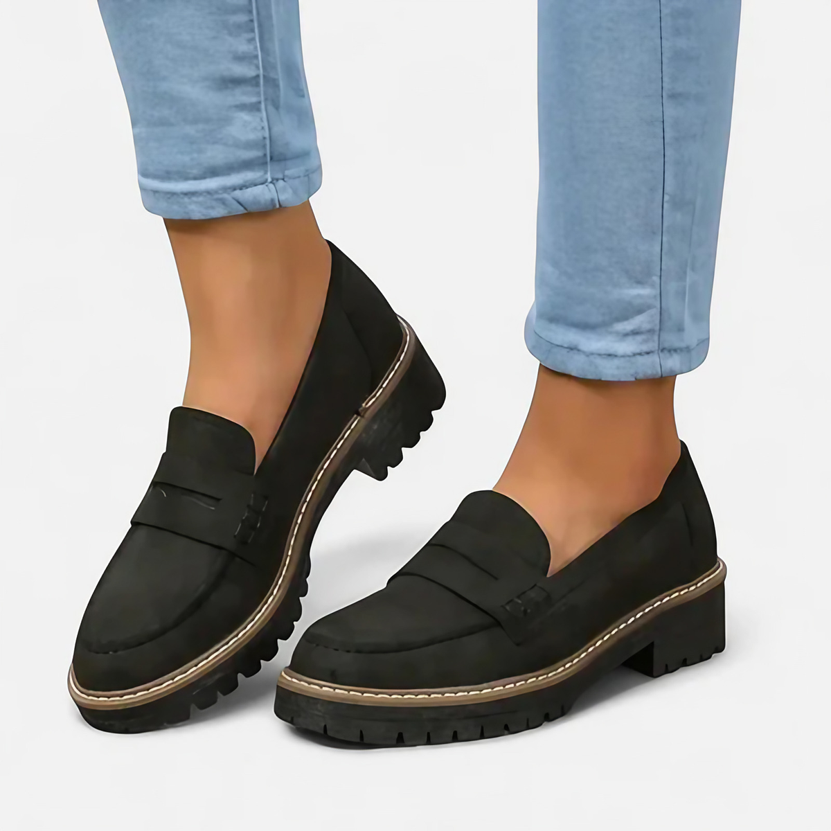 Mocassins femme à semelle épaisse antidérapante, talon épais, noir