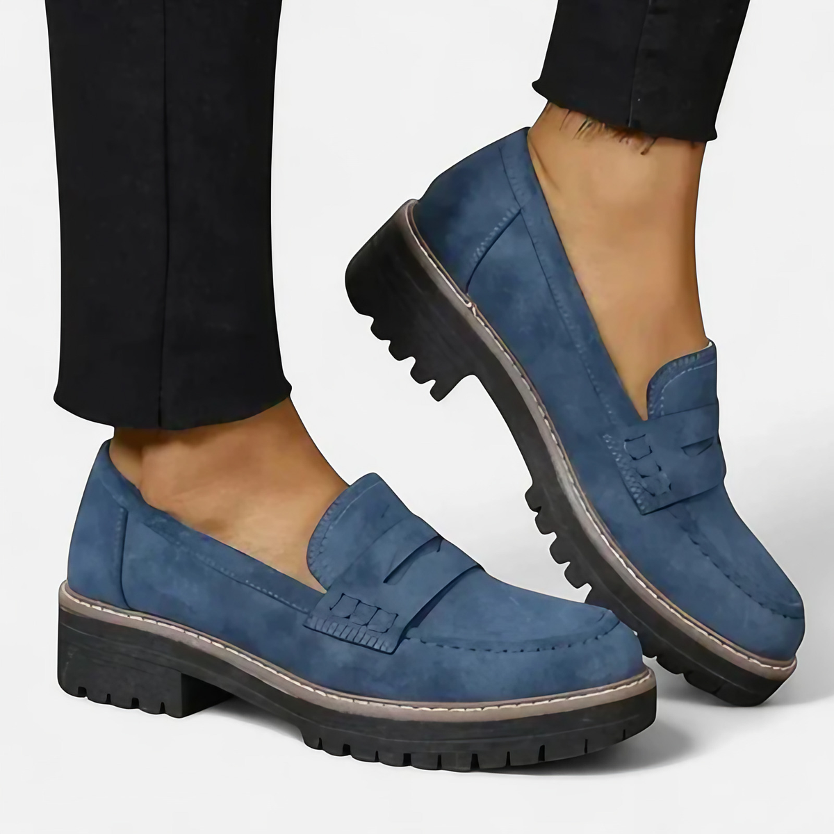 Mocassins femme à semelle épaisse antidérapante, talon épais, bleu et noir