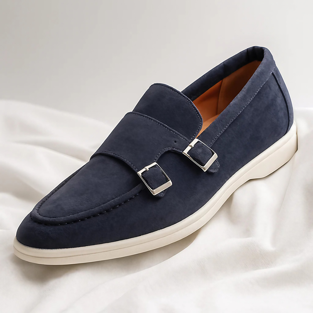 Mocassins homme à double boucle latérale, bout pointu, bleu marine