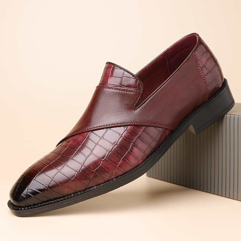 Mocassins homme habillés, finition lisse et gaufrée, sans lacets, rouge vin
