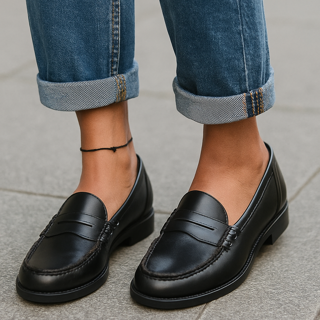Mocassins femme à talon bas et bride penny, du 36 au 42, noir