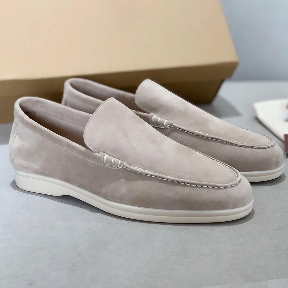 Mocassins homme à enfiler, coutures apparentes, neuf coloris, beige