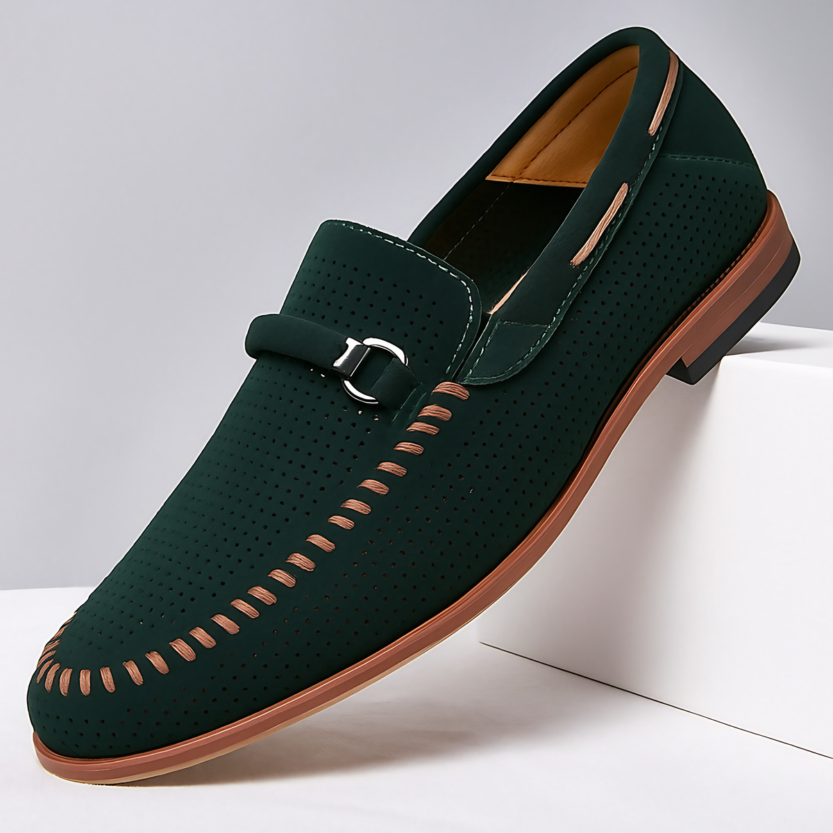 Mocassins homme à boucle métallique, coupe basse, trois coloris, vert