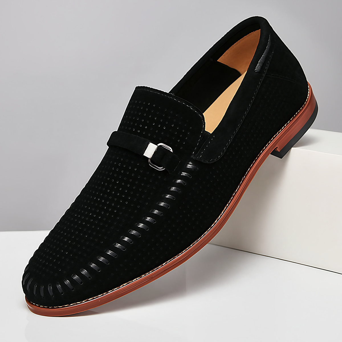 Mocassins homme à boucle métallique, coupe basse, trois coloris, noir