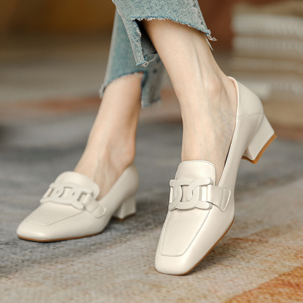 Mocassins babies femme à boucle, talon épais, du 35 au 43, beige