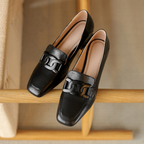 Mocassins babies femme à boucle, talon épais, du 35 au 43, noir