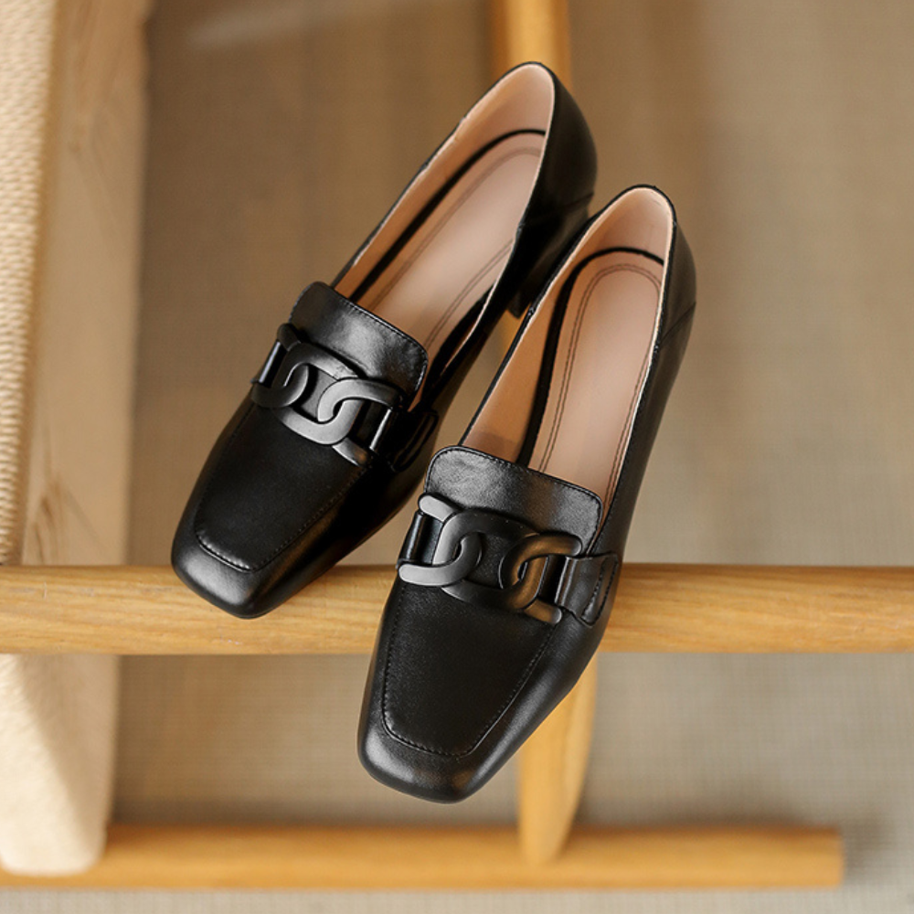Mocassins babies femme à boucle, talon épais, du 35 au 43, noir
