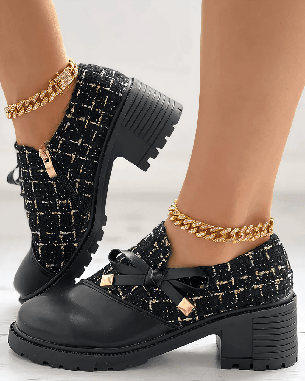 Mocassins femme à talon bloc, bout arrondi, noir ou beige