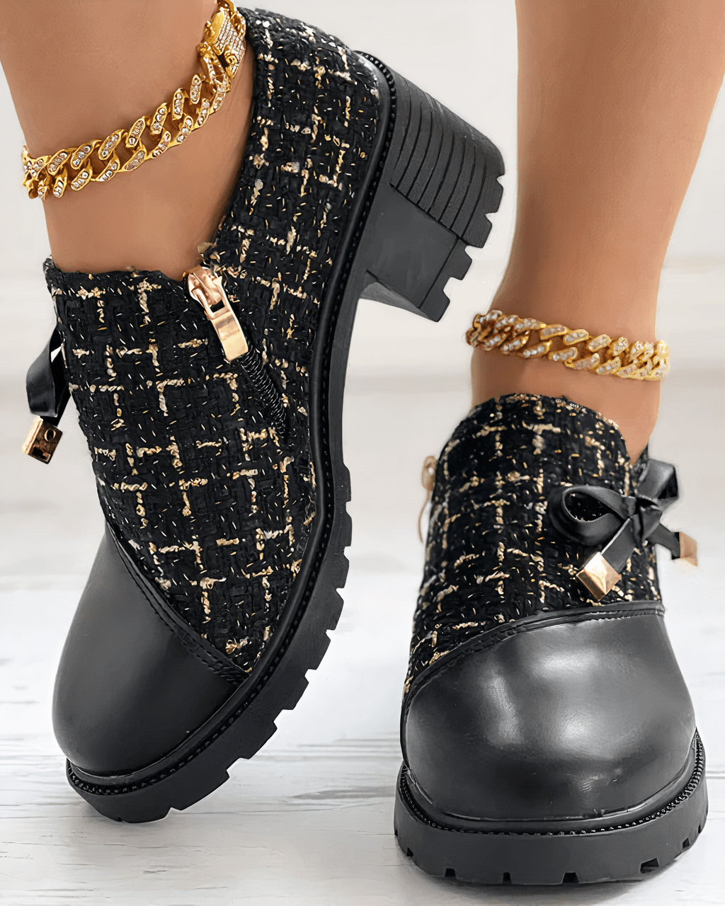 Mocassins femme à talon bloc, bout arrondi, noir ou beige