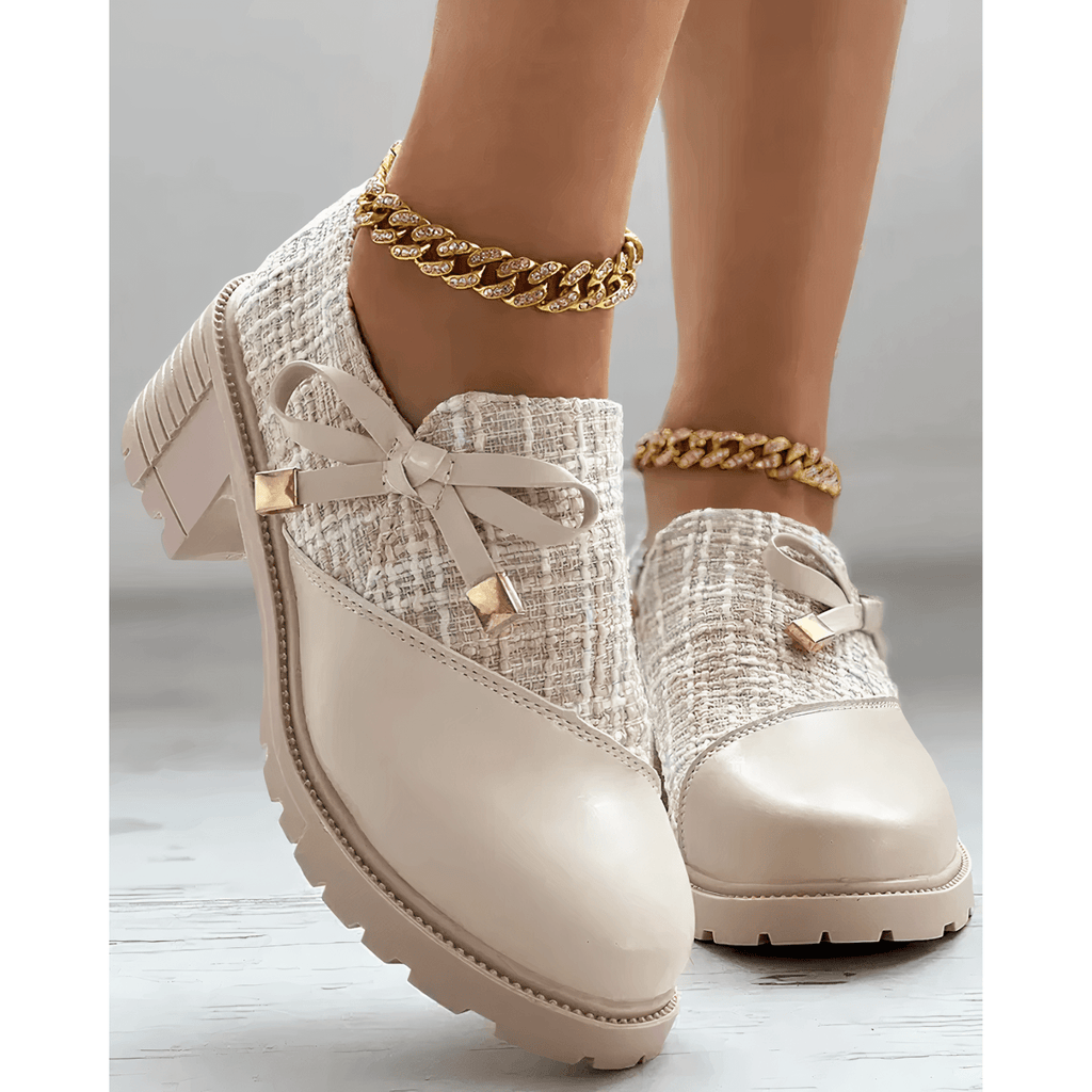 Mocassins femme à talon bloc, bout arrondi, noir ou beige, beige