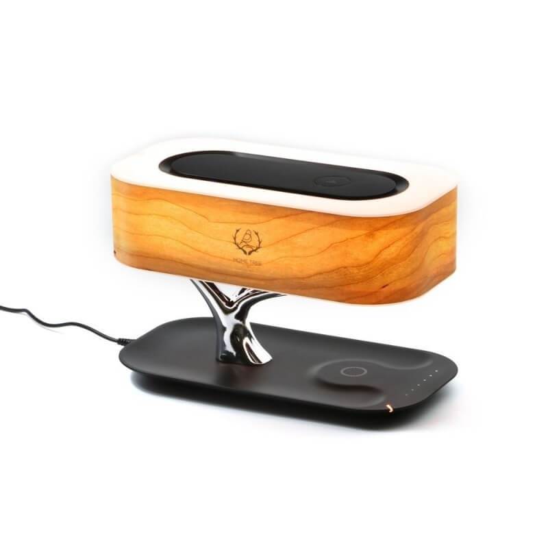 Lampe arbre en bois avec enceinte Bluetooth et chargeur sans fil