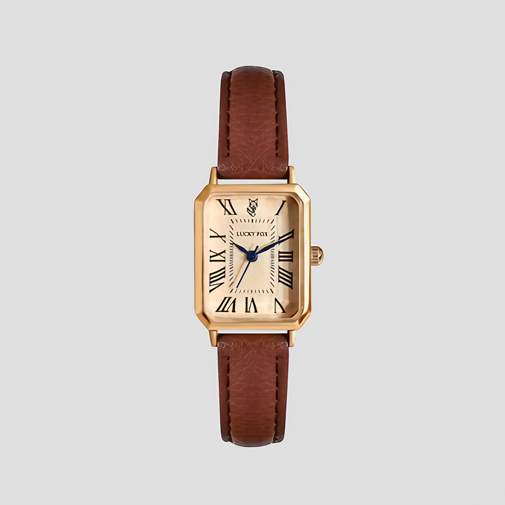 Montre carrée femme à chiffres romains, boîtier doré, marron