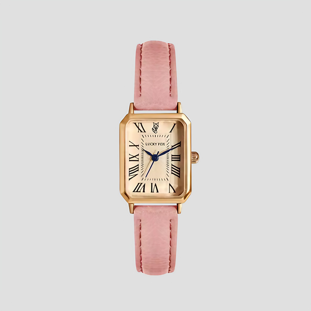 Montre carrée femme à chiffres romains, boîtier doré, rose