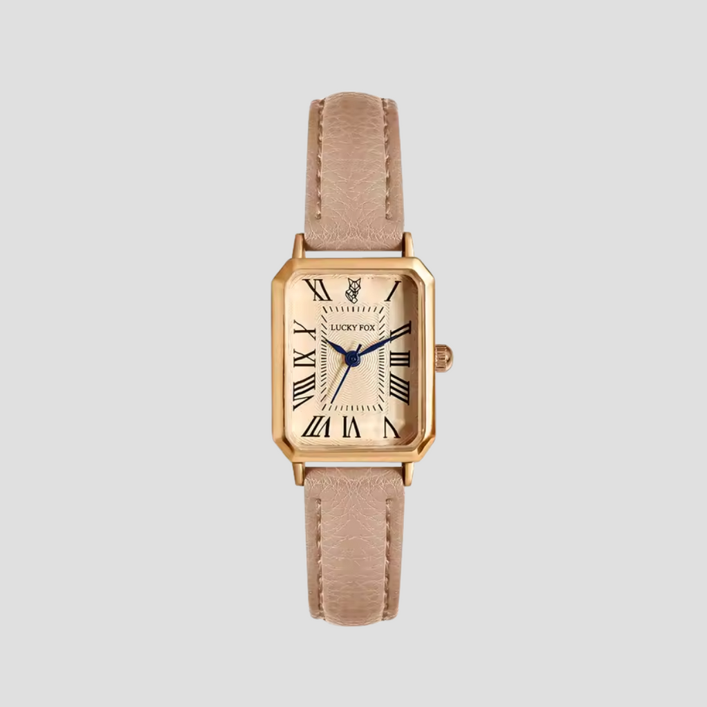 Montre carrée femme à chiffres romains, boîtier doré, beige rosé