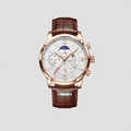 Montre classique homme à quartz, boîtier 43 mm, aiguilles lumineuses, blanc, doré et marron
