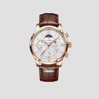 Montre classique homme à quartz, boîtier 43 mm, aiguilles lumineuses, blanc, doré et marron