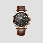 Montre classique homme à quartz, boîtier 43 mm, aiguilles lumineuses, noir, marron et doré