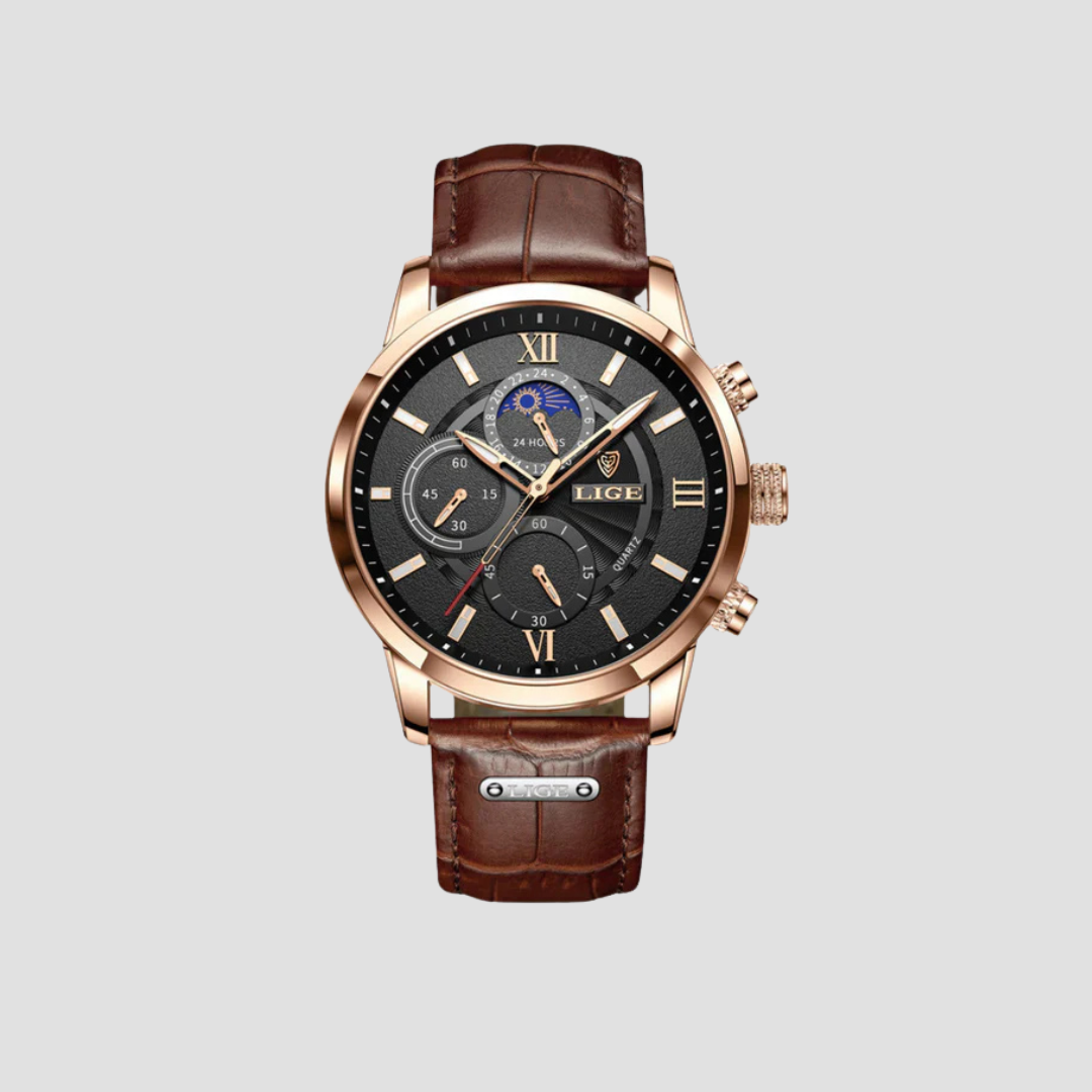 Montre classique homme à quartz, boîtier 43 mm, aiguilles lumineuses, noir, marron et doré