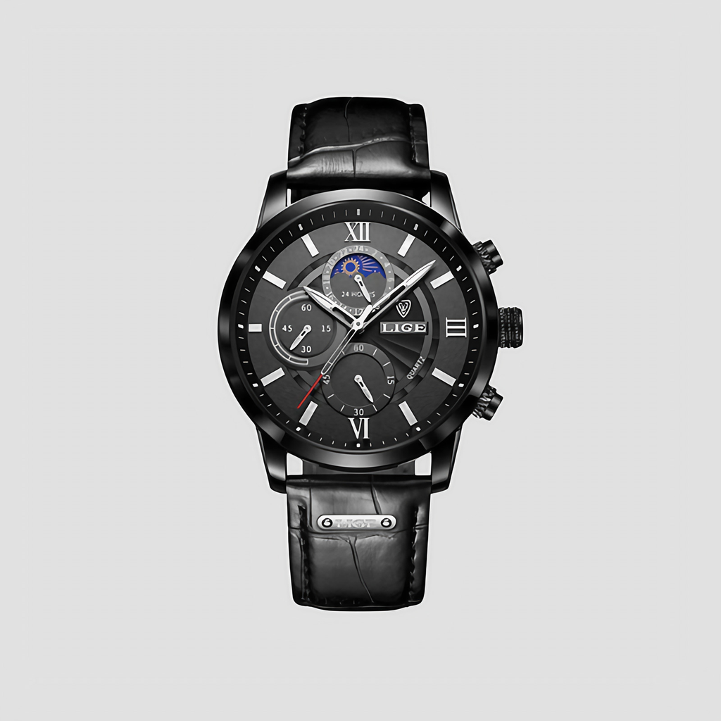 Montre classique homme à quartz, boîtier 43 mm, aiguilles lumineuses, noir
