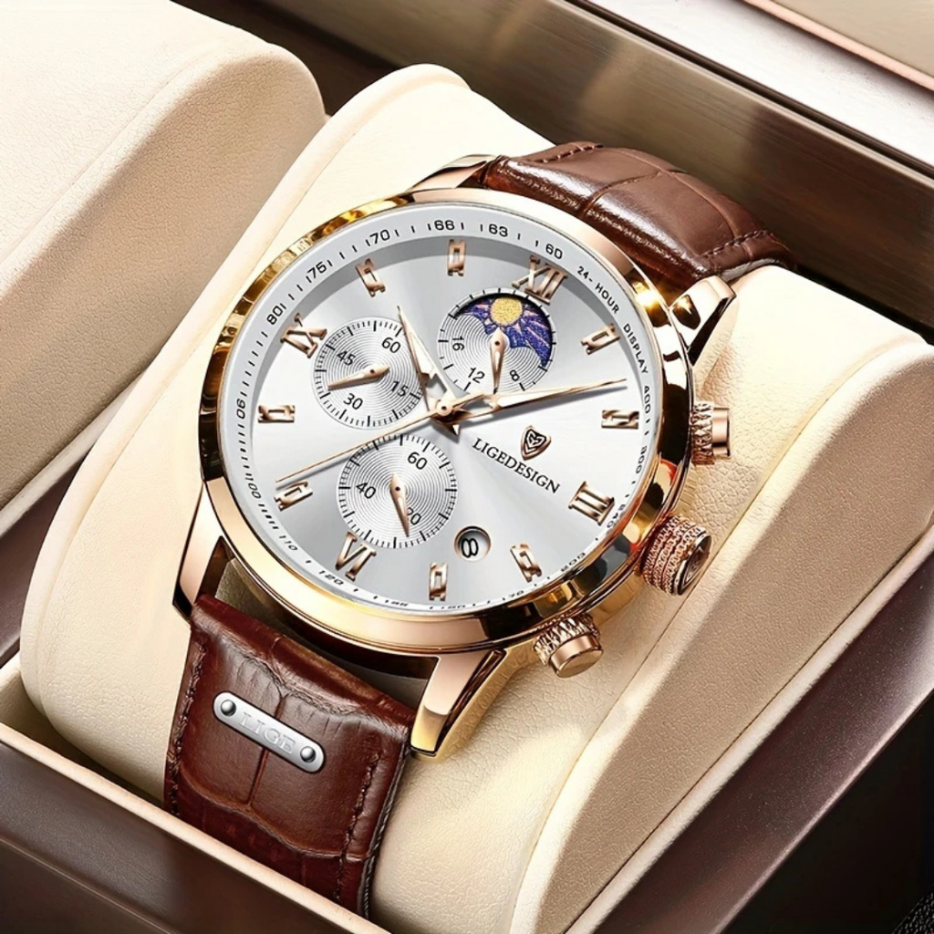 Montre classique homme à quartz, boîtier 43 mm, aiguilles lumineuses