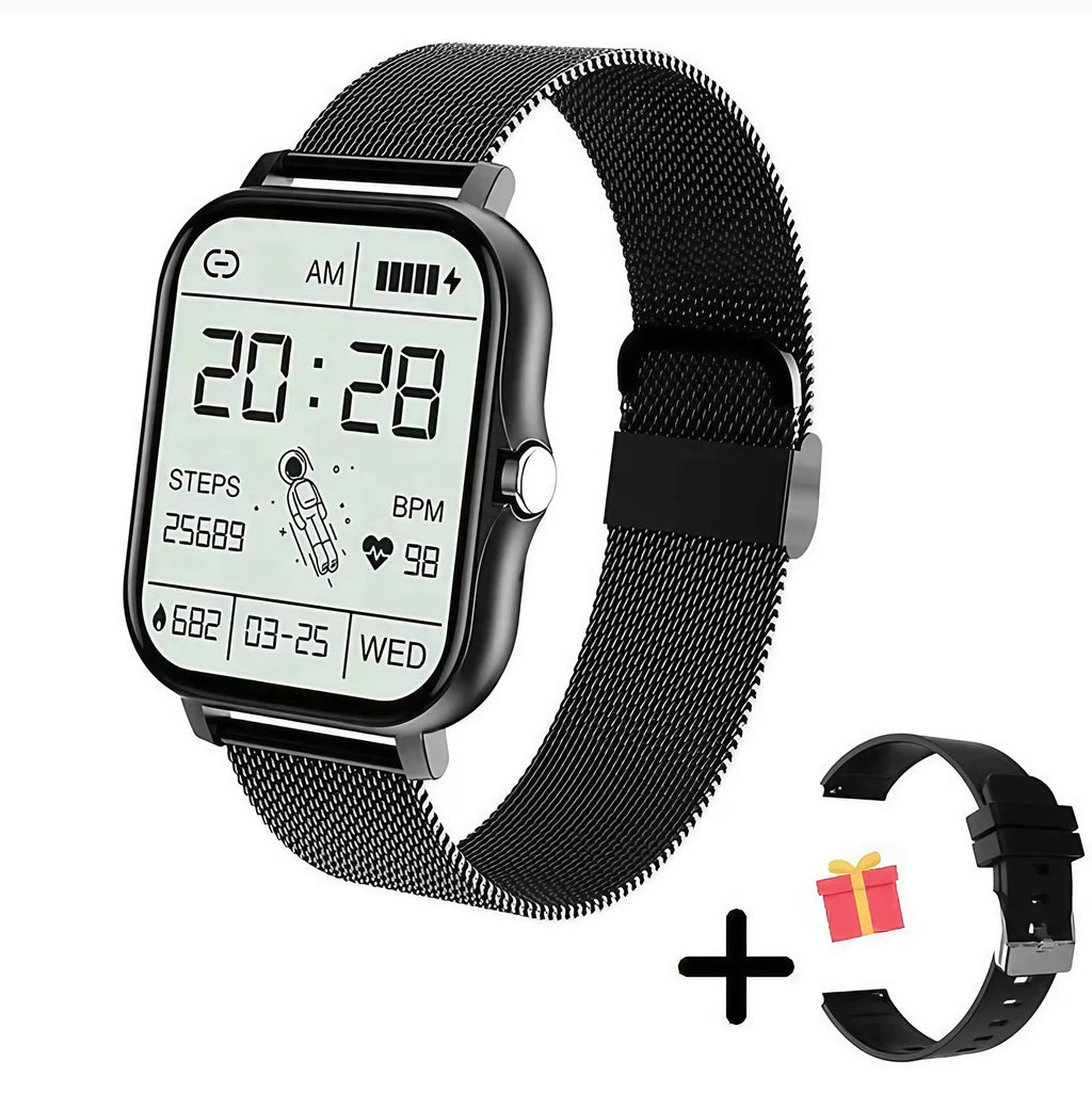 Montre connectée écran 1,83 pouces, appels Bluetooth, unisexe, noir, avec bracelet supplémentaire