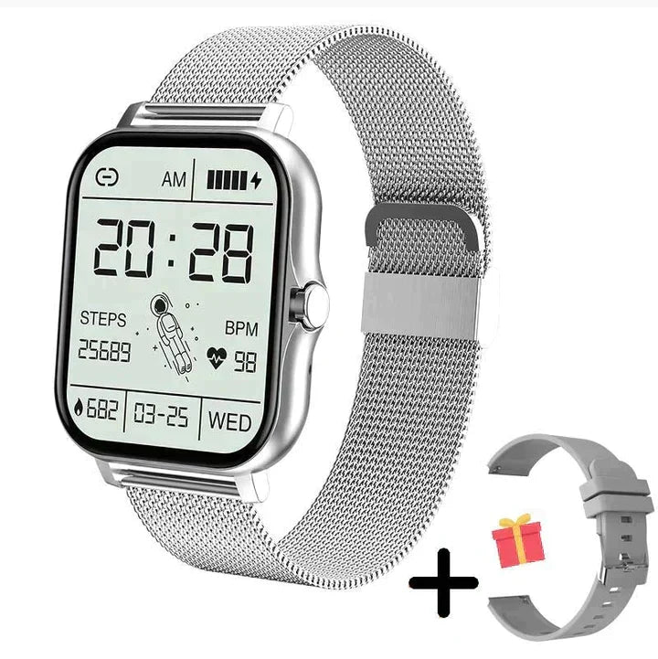 Montre connectée écran 1,83 pouces, appels Bluetooth, unisexe, argenté, avec bracelet supplémentaire