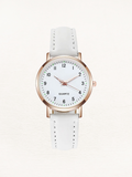 Montre femme à quartz, bracelet en cuir, boîtier or rose, blanc