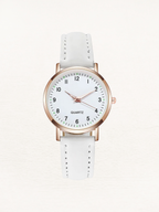 Montre femme à quartz, bracelet en cuir, boîtier or rose, blanc