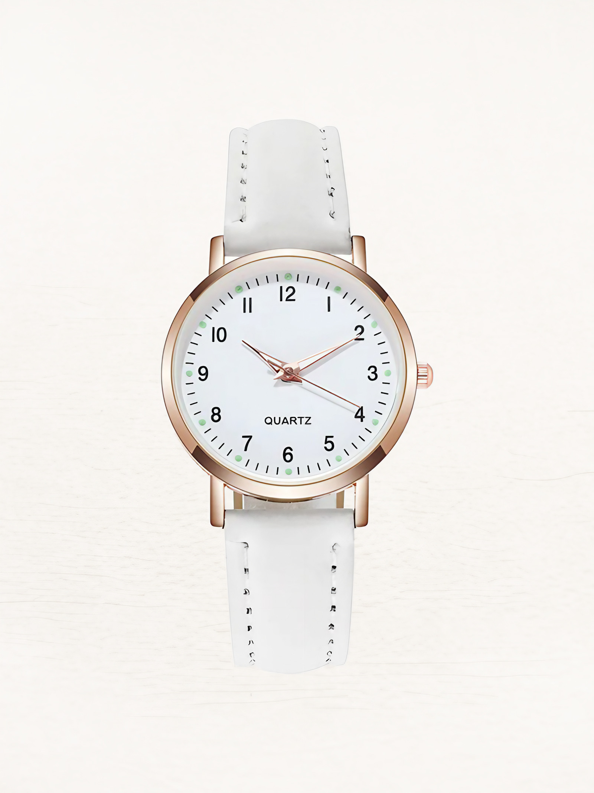 Montre femme à quartz, bracelet en cuir, boîtier or rose, blanc