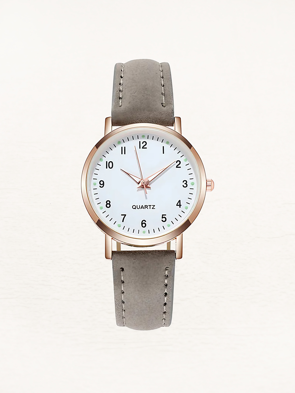 Montre femme à quartz, bracelet en cuir, boîtier or rose, gris