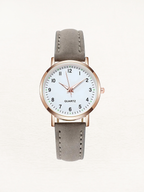 Montre femme à quartz, bracelet en cuir, boîtier or rose, gris