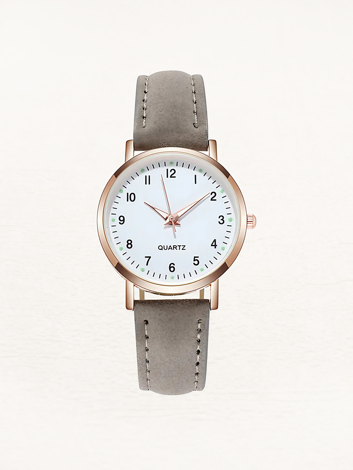 Montre femme à quartz, bracelet en cuir, boîtier or rose, gris