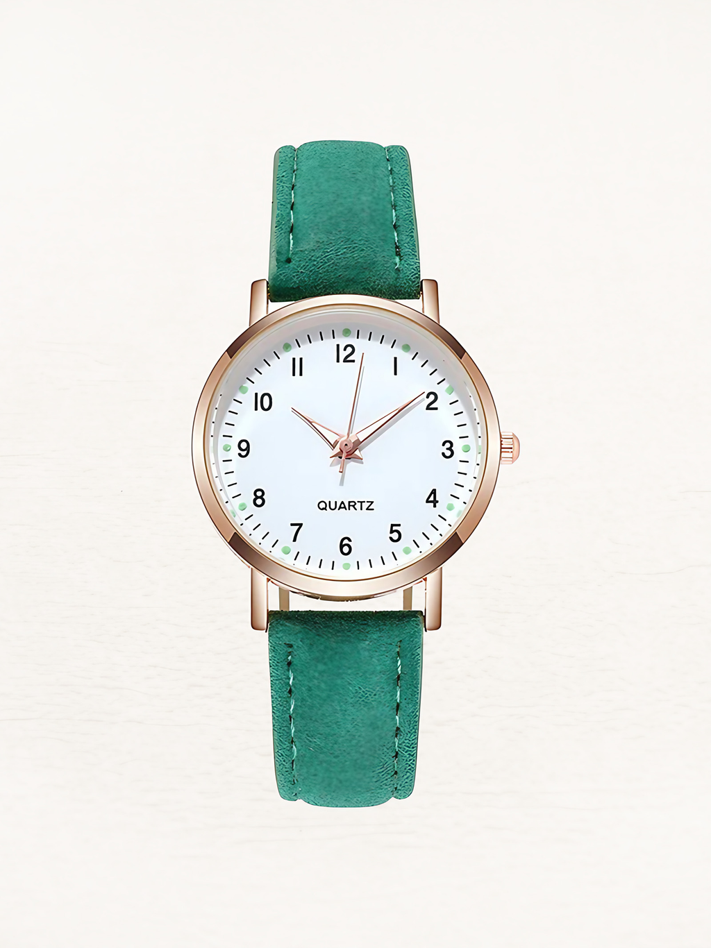 Montre femme à quartz, bracelet en cuir, boîtier or rose, vert