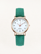 Montre femme à quartz, bracelet en cuir, boîtier or rose, vert