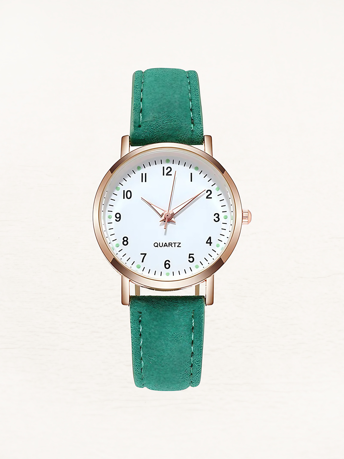 Montre femme à quartz, bracelet en cuir, boîtier or rose, vert
