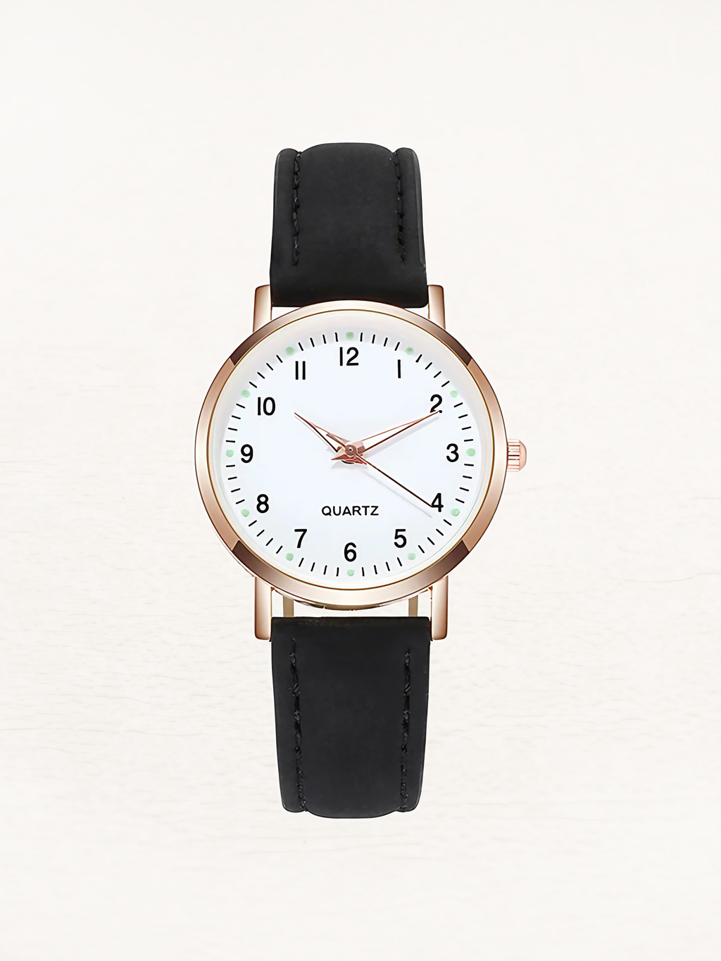 Montre femme à quartz, bracelet en cuir, boîtier or rose, noir