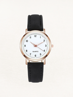 Montre femme à quartz, bracelet en cuir, boîtier or rose, noir