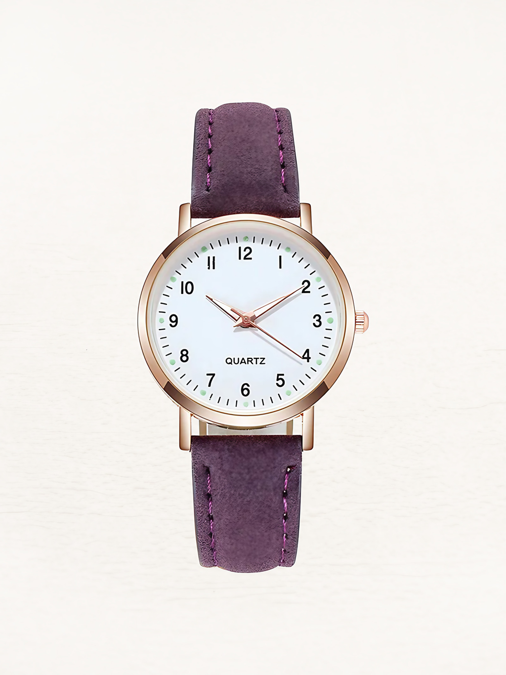 Montre femme à quartz, bracelet en cuir, boîtier or rose, pourpre