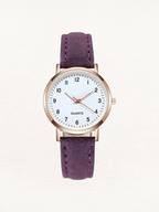 Montre femme à quartz, bracelet en cuir, boîtier or rose, pourpre