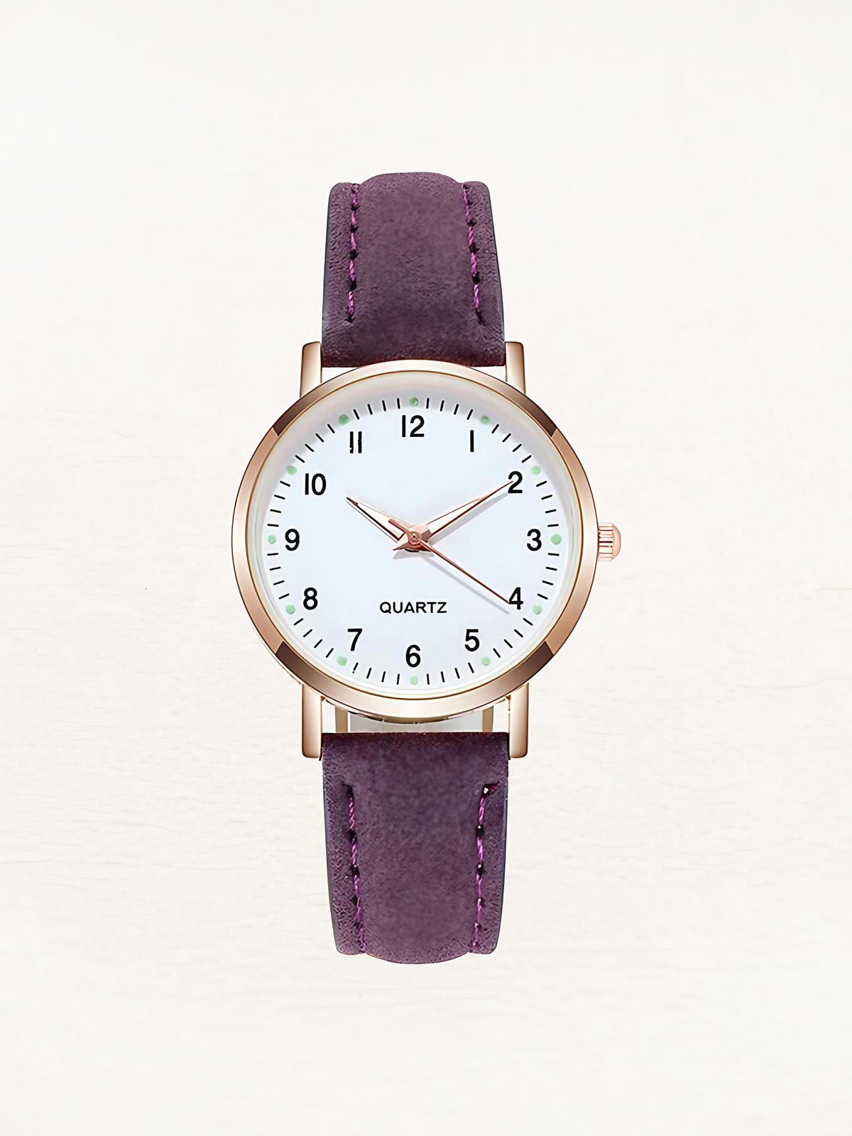 Montre femme à quartz, bracelet en cuir, boîtier or rose, pourpre