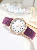 Montre femme à quartz, bracelet en cuir, boîtier or rose