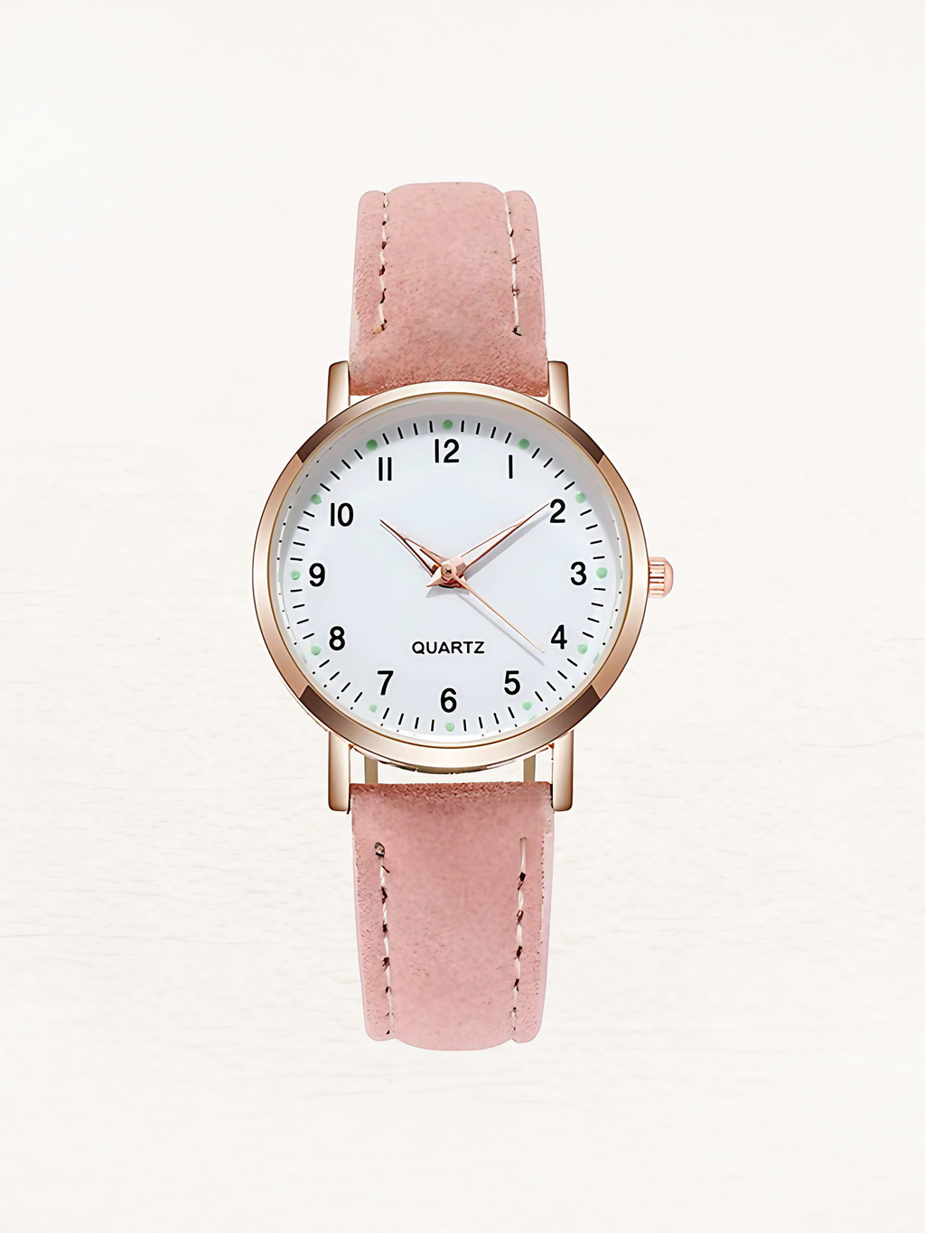 Montre femme à quartz, bracelet en cuir, boîtier or rose, rose