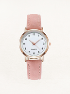 Montre femme à quartz, bracelet en cuir, boîtier or rose, rose