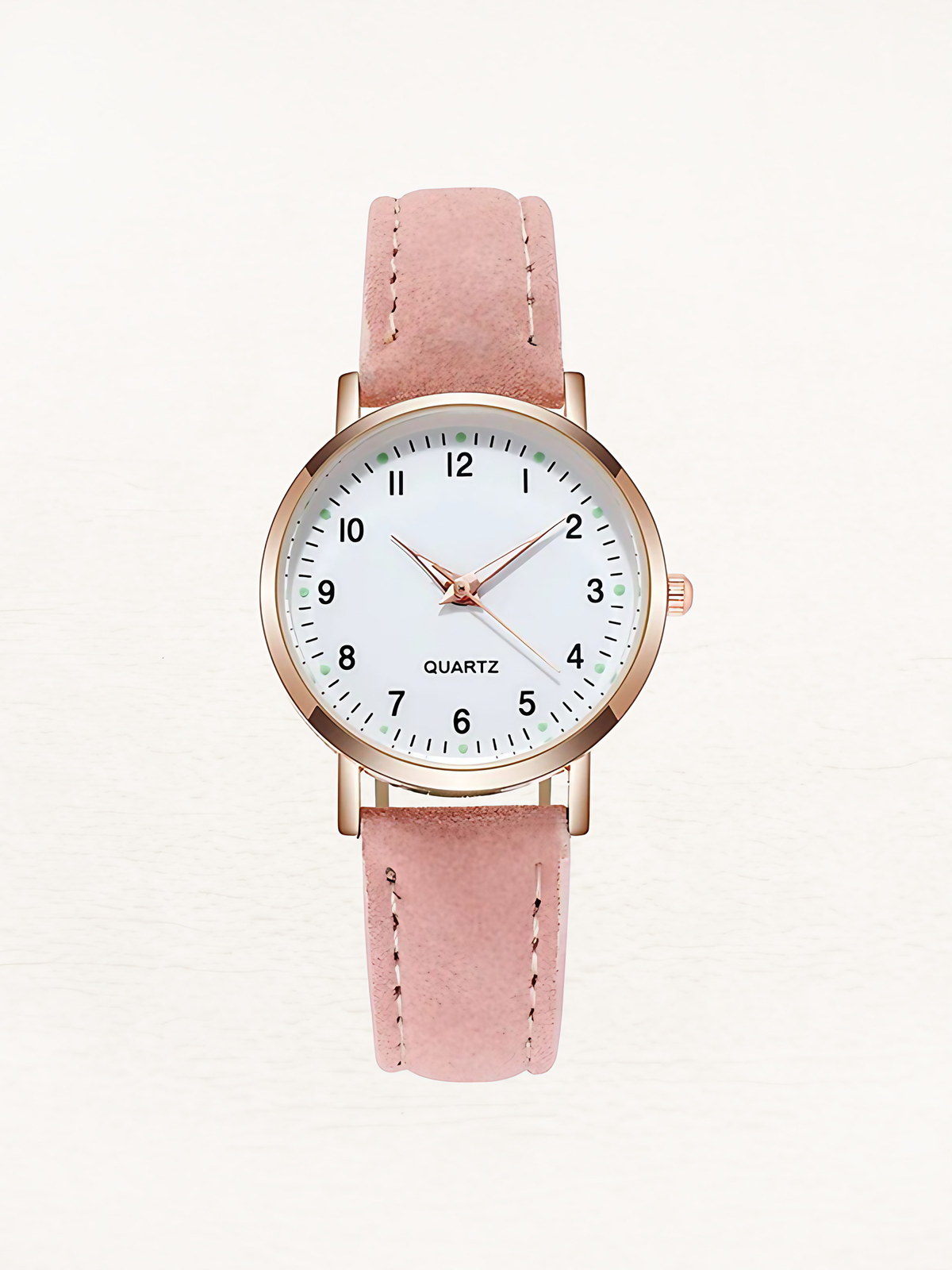 Montre femme à quartz, bracelet en cuir, boîtier or rose, rose