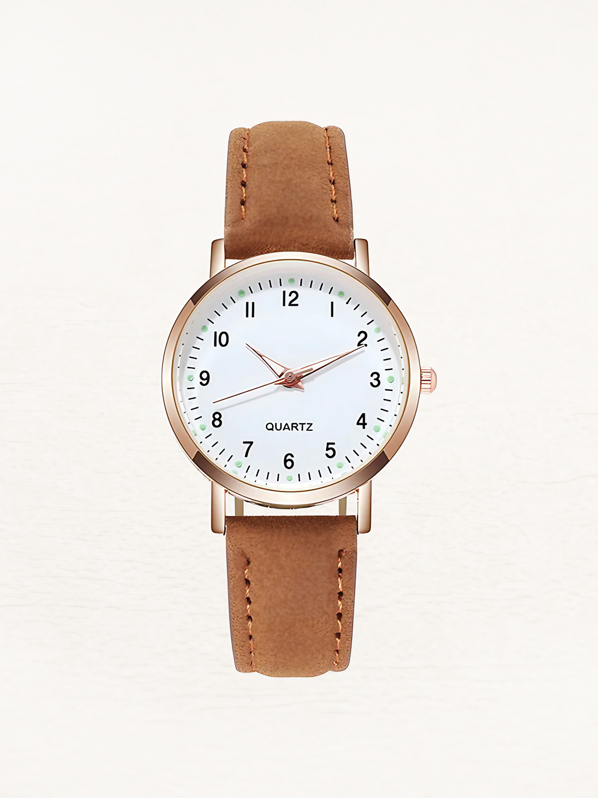 Montre femme à quartz, bracelet en cuir, boîtier or rose, marron