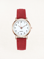 Montre femme à quartz, bracelet en cuir, boîtier or rose, rouge