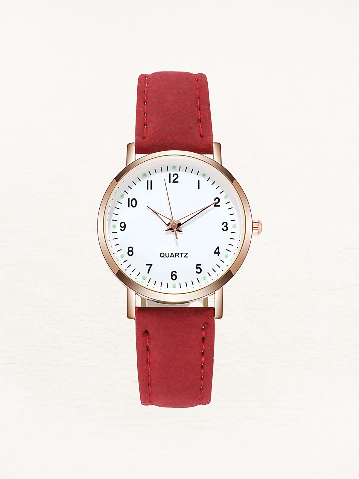 Montre femme à quartz, bracelet en cuir, boîtier or rose, rouge