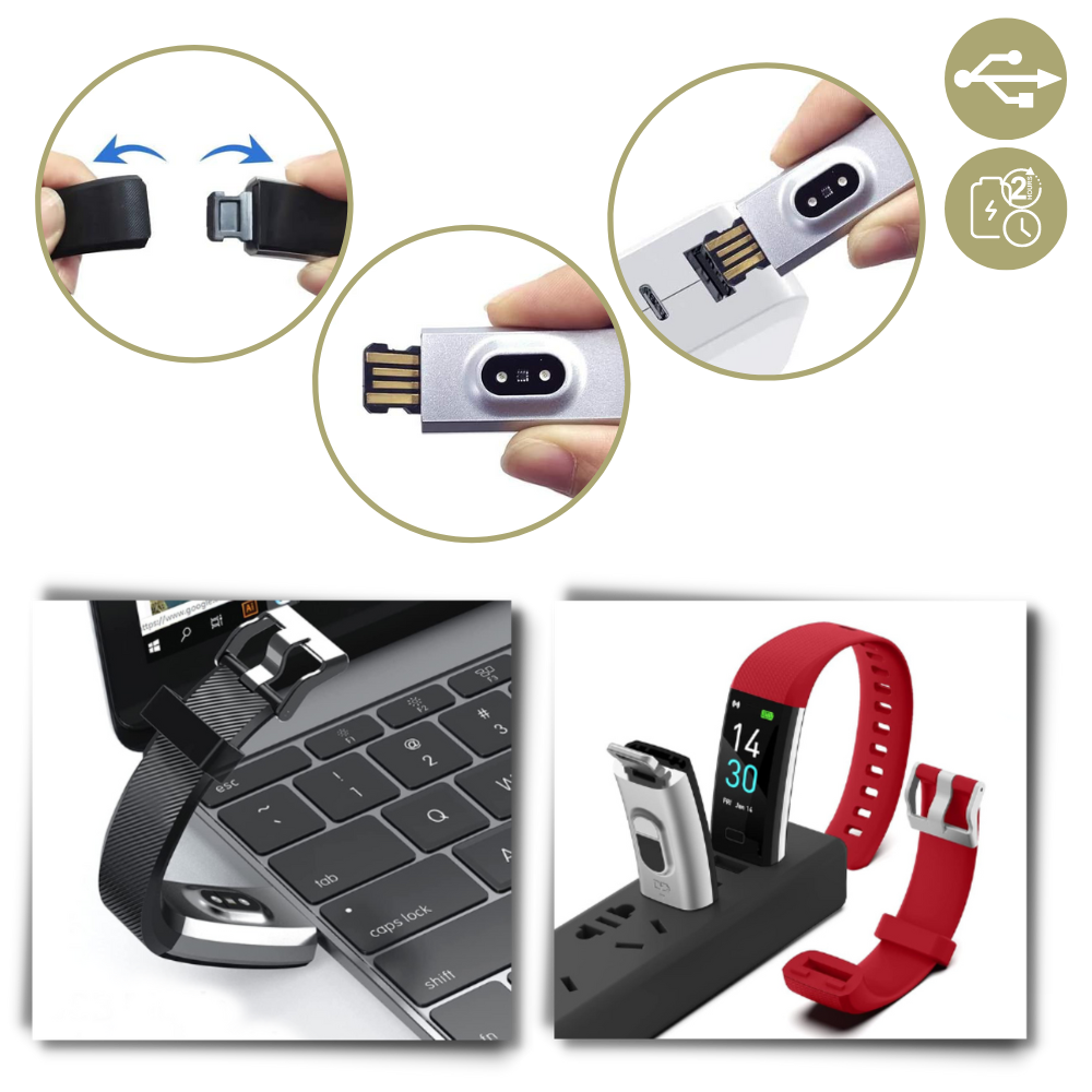 Montre connectée seniors à grand écran LED, recharge USB